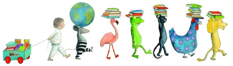Buchstart-Logo: Grafik mit Tieren mit Büchern auf dem Kopf und dahinter ein Kleinkind dass einen Leiterwagen mit Büchern zieht