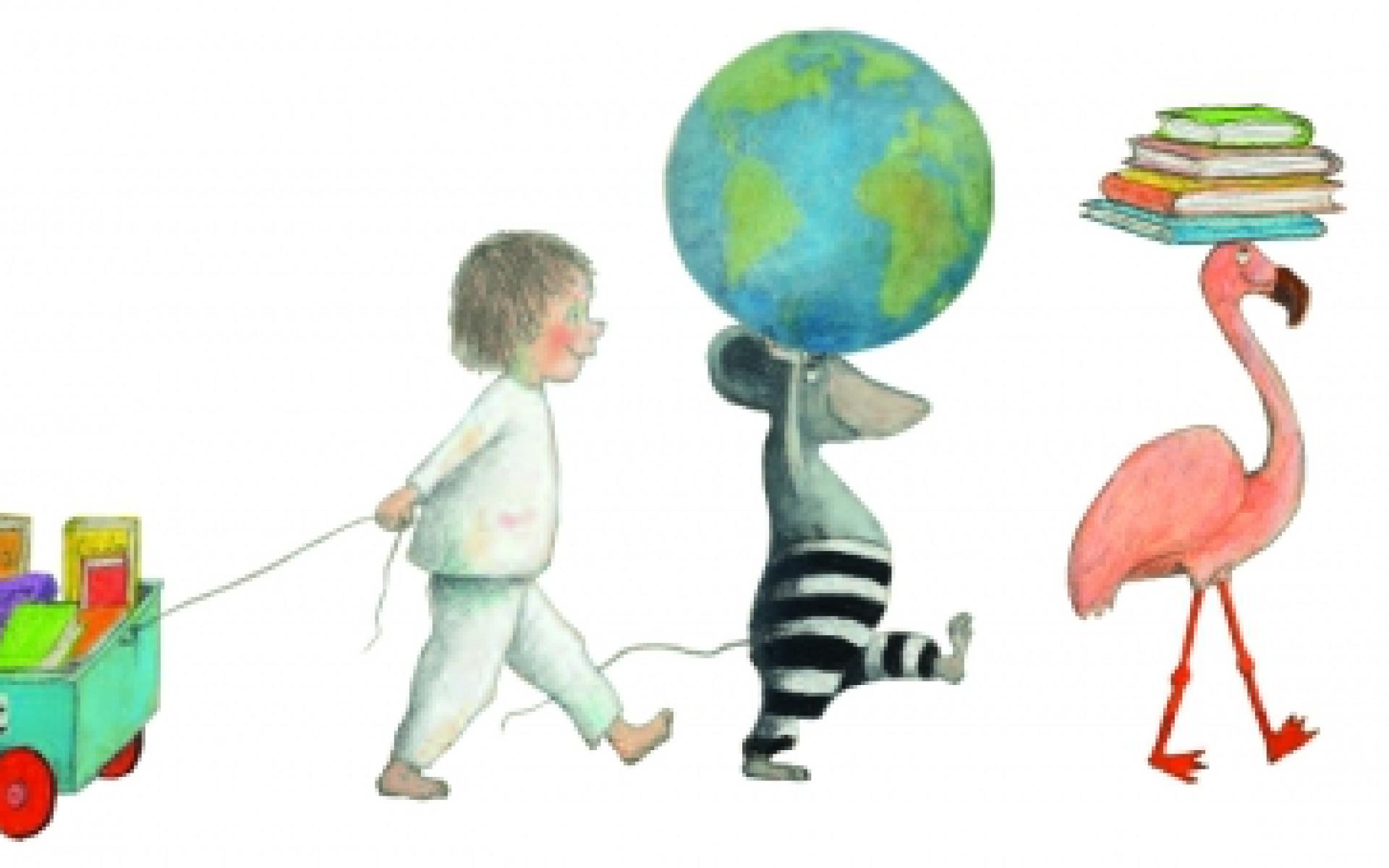 Buchstart-Logo: Grafik mit Tieren mit Büchern auf dem Kopf und dahinter ein Kleinkind dass einen Leiterwagen mit Büchern zieht