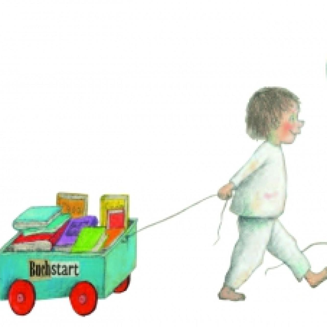 Buchstart-Logo: Grafik mit Tieren mit Büchern auf dem Kopf und dahinter ein Kleinkind dass einen Leiterwagen mit Büchern zieht